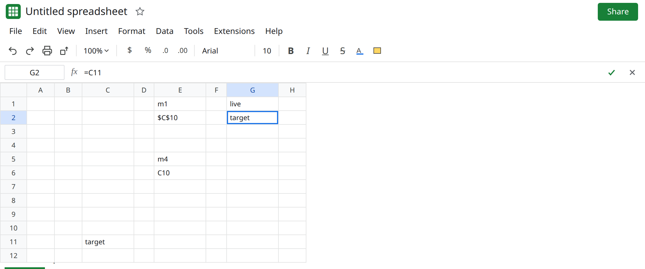 G2 selected. Formula bar shows =C11. G2 is target. E7 is still blank because INDIRECT of the text C10 reads the inserted blank row. E6 is C10.