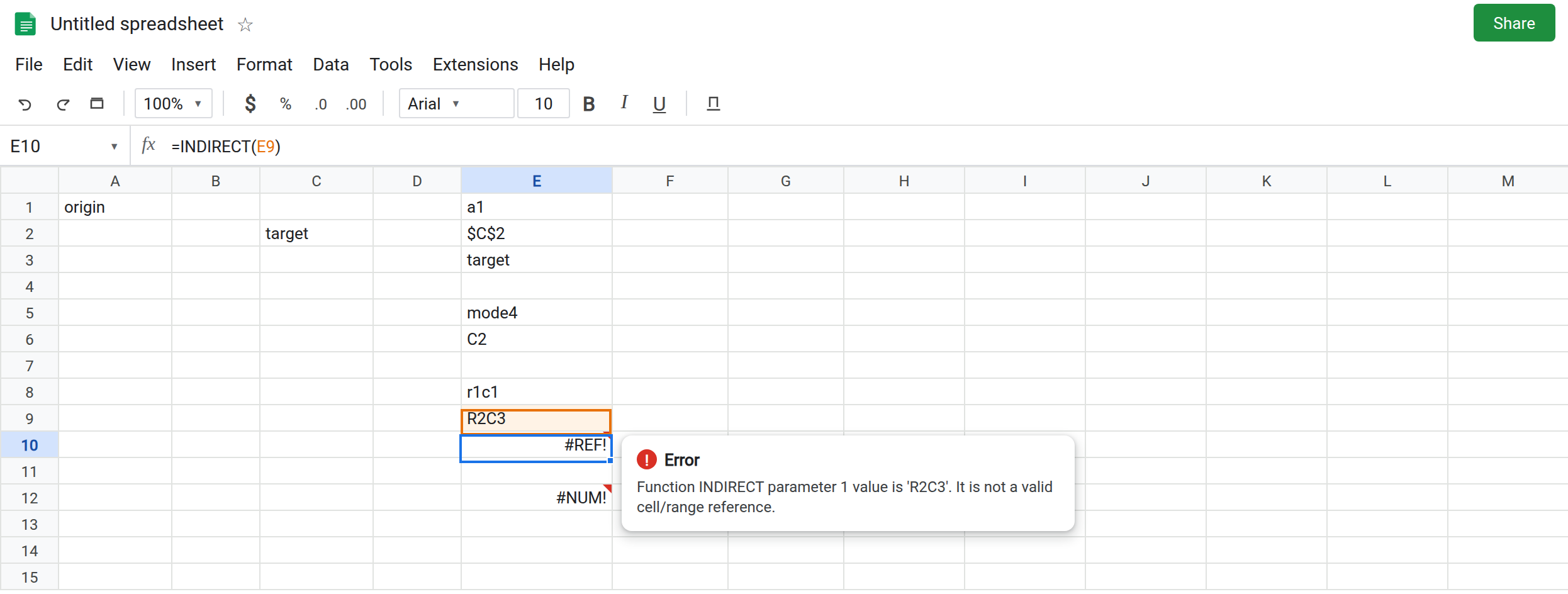 E10 selected. Formula bar shows =INDIRECT(E9). E10 is #REF!. E9 is R2C3. E2 is $C$2. E3 is target. A1 is origin. C2 is target.