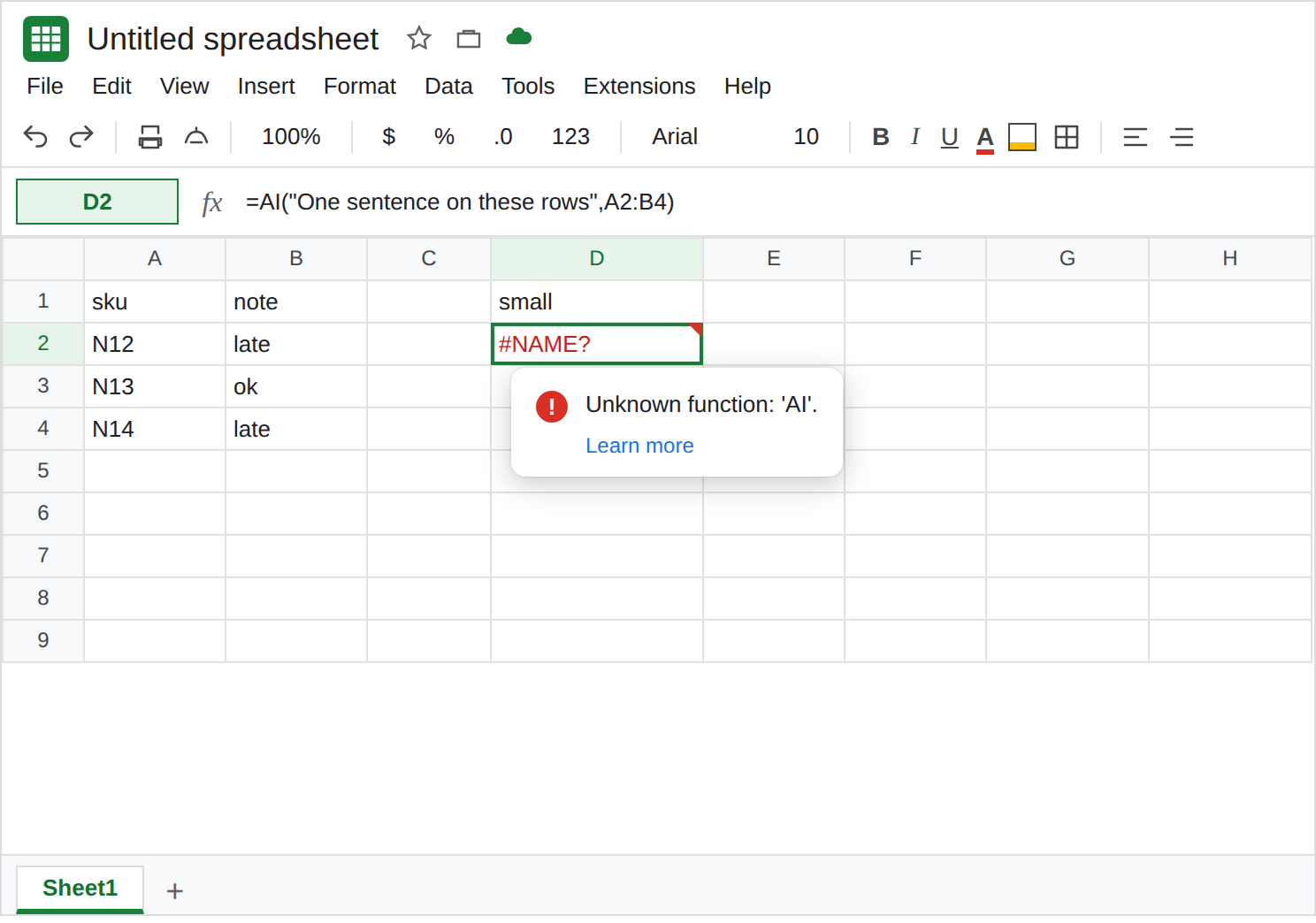 D2 selected. Formula bar shows =AI("One sentence on these rows",A2:B4). A2:B4 is three sku notes. The grid does not display a model paragraph. If the account blocks the function, D2 is #NAME? or AI function not available.