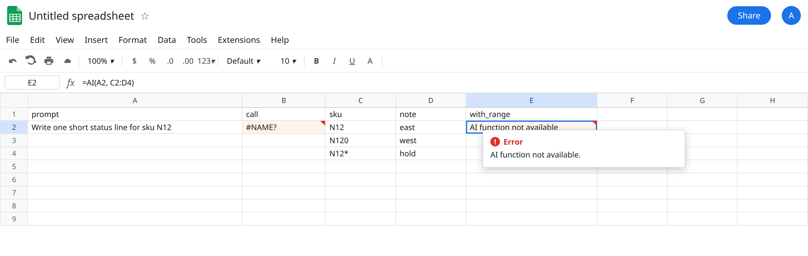 Formula bar shows =AI(A2, C2:D4) on an account where the name exists. The page caption does not include a model paragraph. B2 on the recreate sheet is still #NAME? or AI function not available.