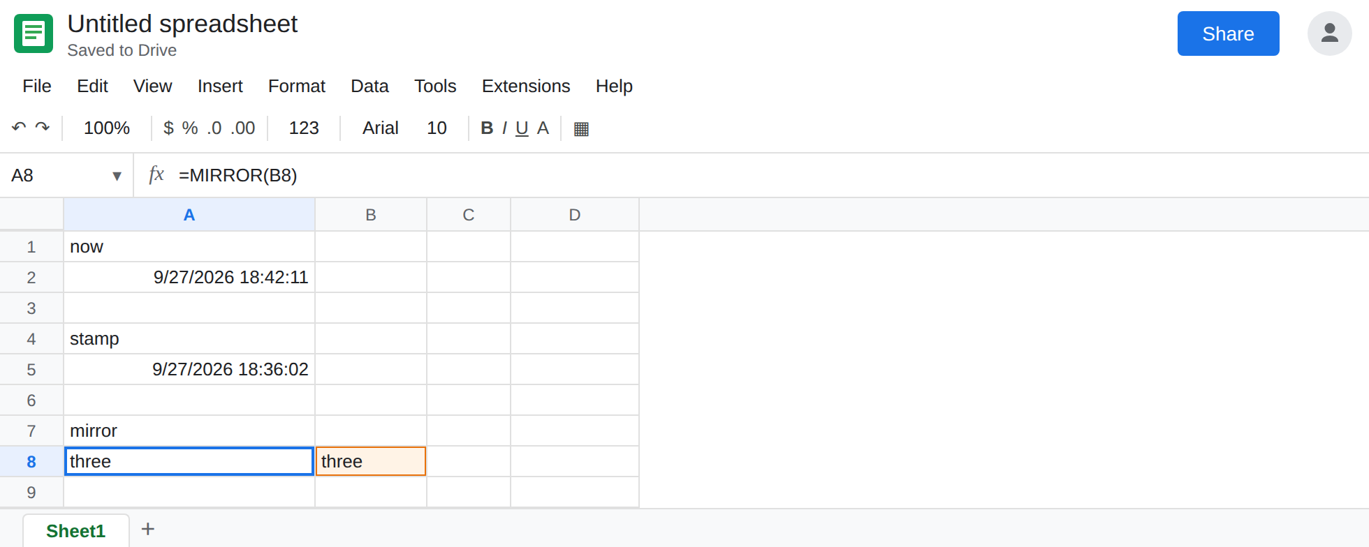 A8 selected. Formula bar shows =MIRROR(B8). A8 matches B8. A5 still shows the old STAMP datetime.