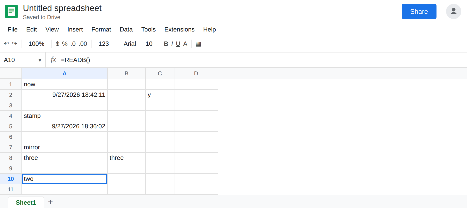A10 selected. Formula bar shows =READB(). A10 still shows two. B8 is three. A8 shows three from =MIRROR(B8).
