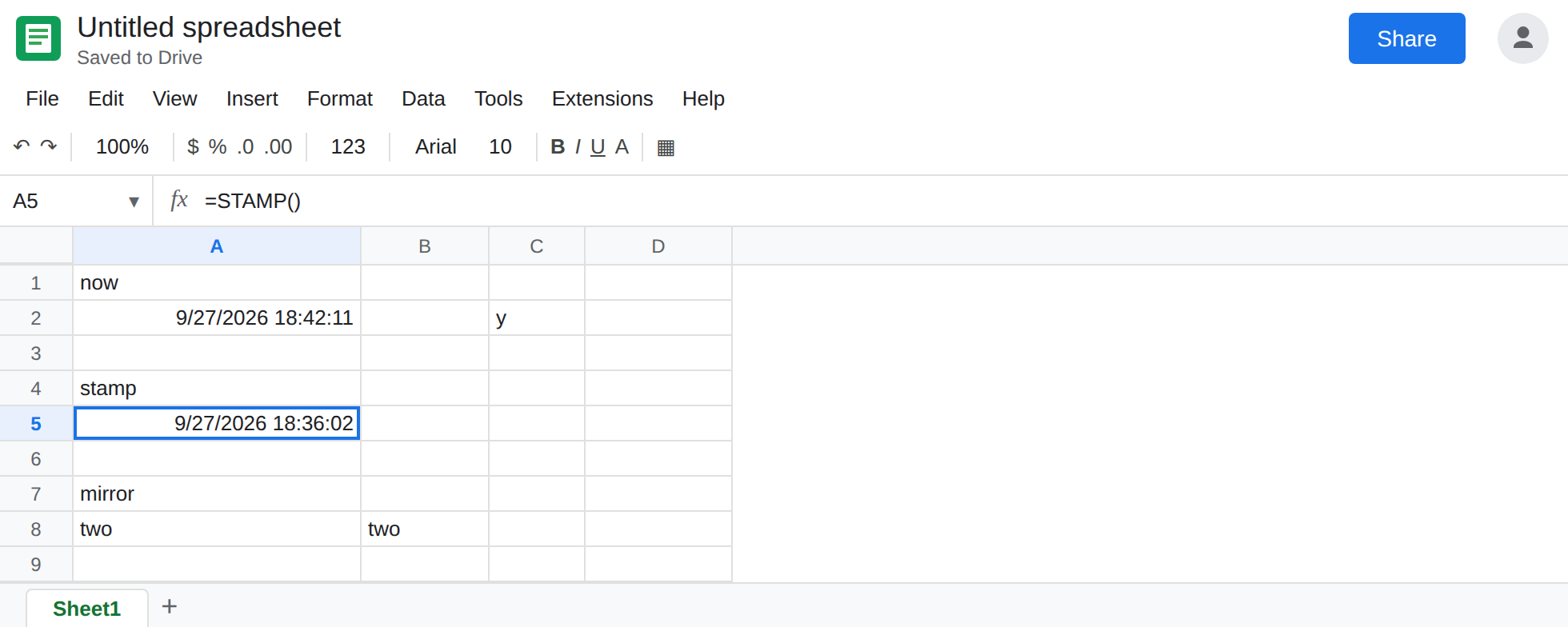 A5 selected. Formula bar shows =STAMP(). A5 shows an old datetime. A2 shows =NOW() and a later time. C2 was edited after A5 calculated.