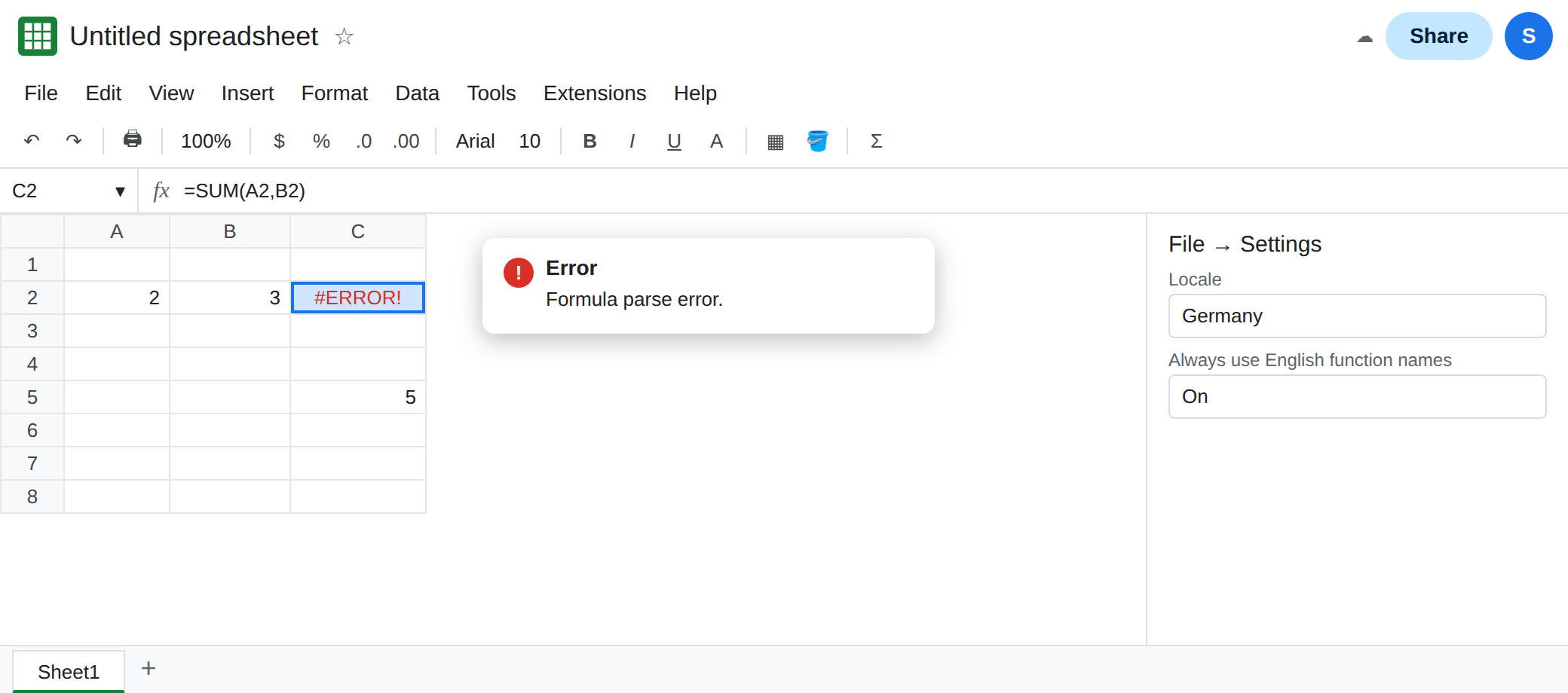 C2 selected. Formula bar shows =SUM(A2,B2) with commas. C2 is #ERROR!. Tooltip: Formula parse error. Locale is Germany. C5 shows 5 from =SUM(A2;B2).