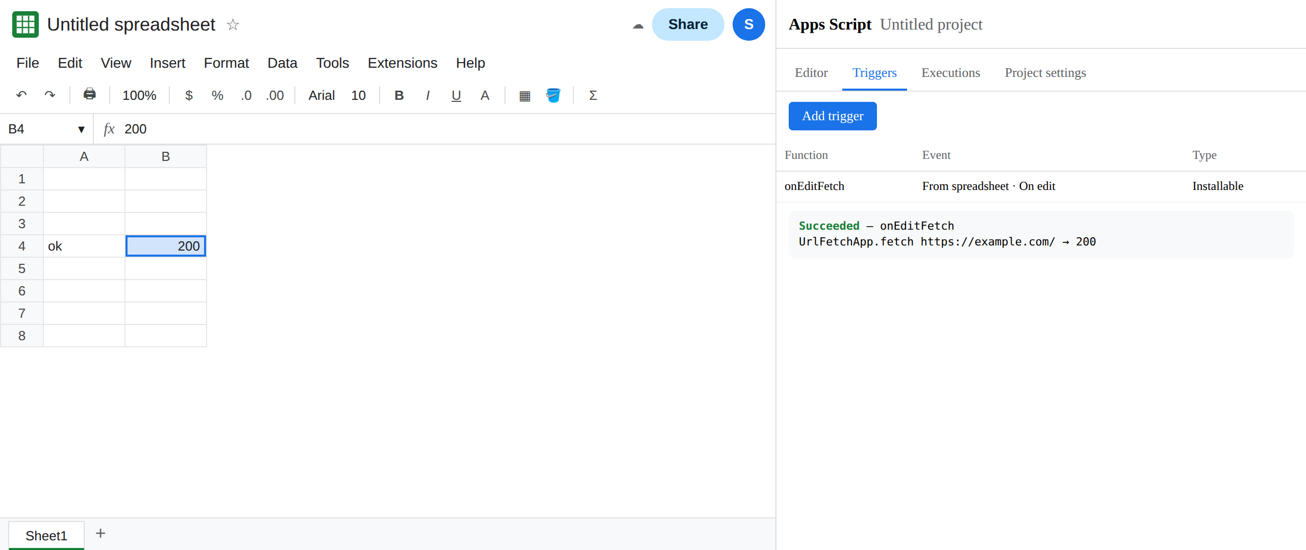 B4 shows 200 next to an edit in A4. The script function is onEditFetch. The Triggers page shows an On edit trigger. Executions for that function succeeded.