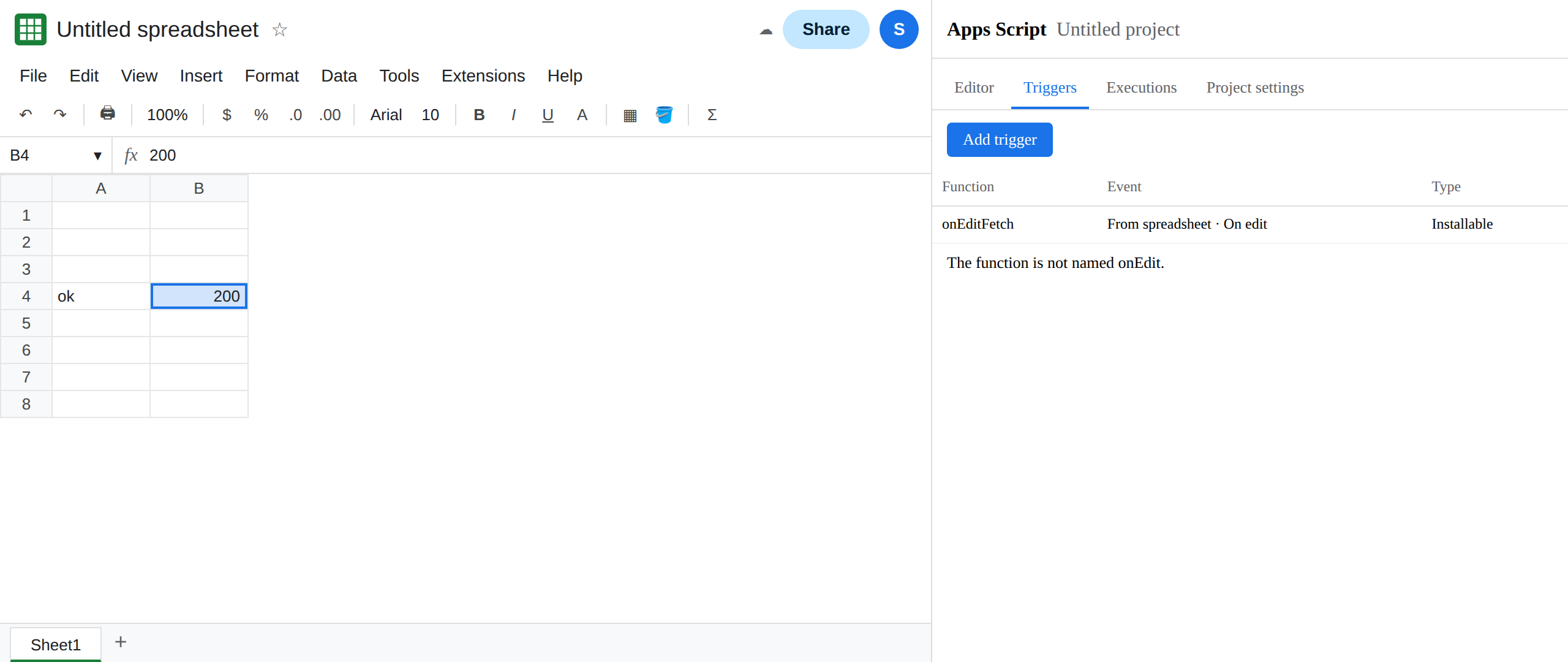 Triggers lists onEditFetch as an On edit installable trigger. A4 is ok. B4 is 200. The function is not named onEdit.