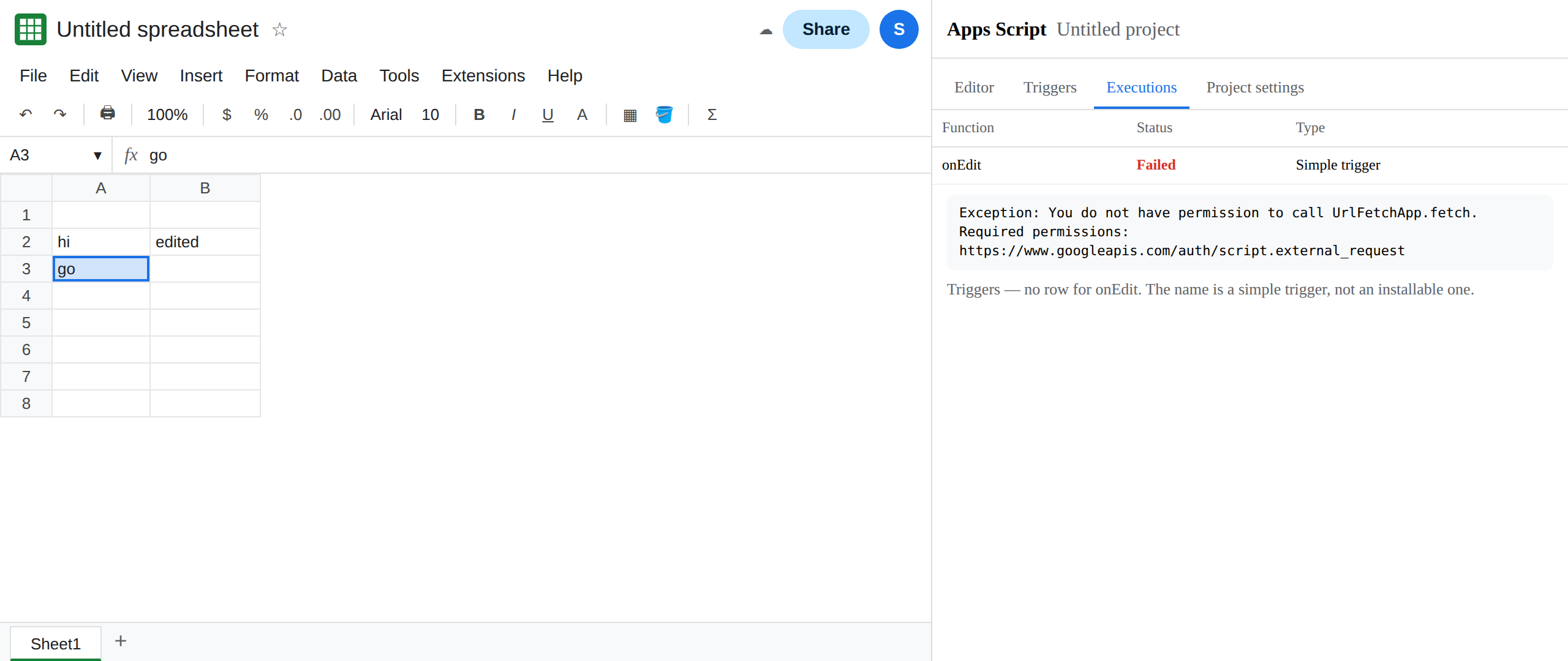 A3 is go. B3 is empty. Apps Script Executions shows onEdit failed. The message says you do not have permission to call UrlFetchApp.fetch. The Triggers list has no row for this function.