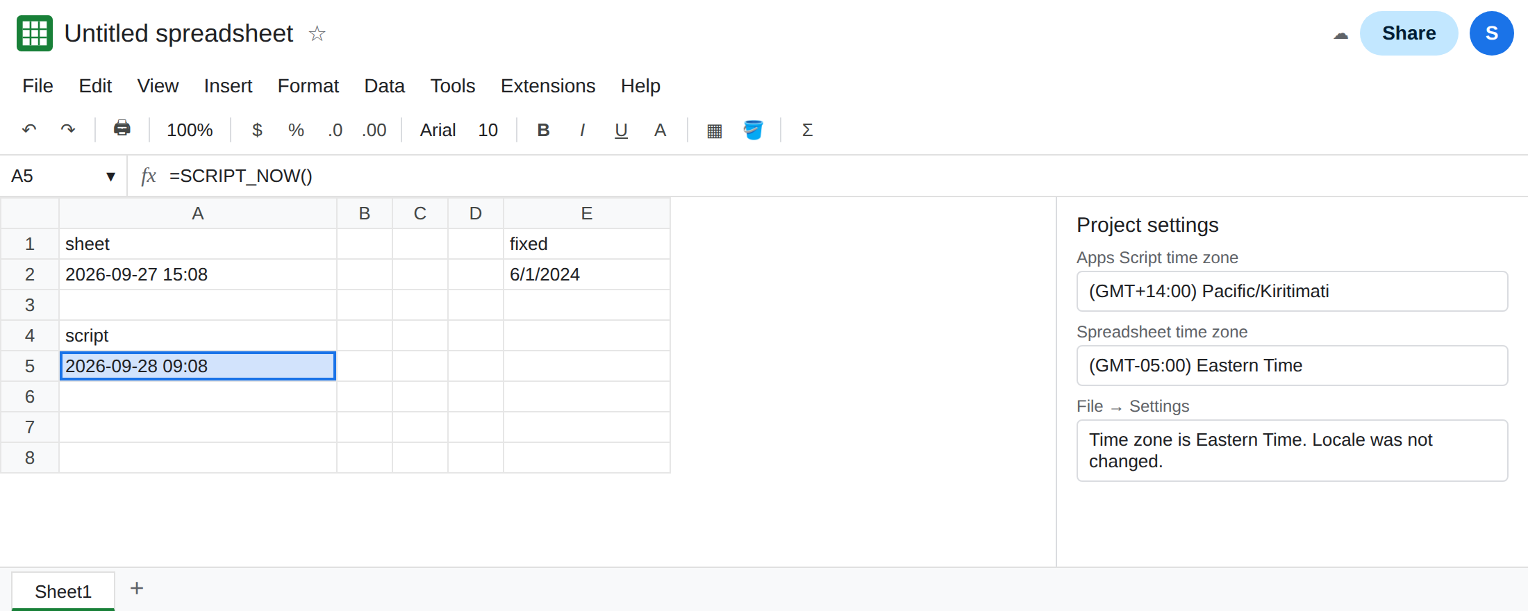 A2 is =TEXT(NOW(),"yyyy-mm-dd hh:mm") in the spreadsheet time zone. A5 is =SCRIPT_NOW() and shows a different hour. Apps Script project settings time zone is not the spreadsheet time zone.