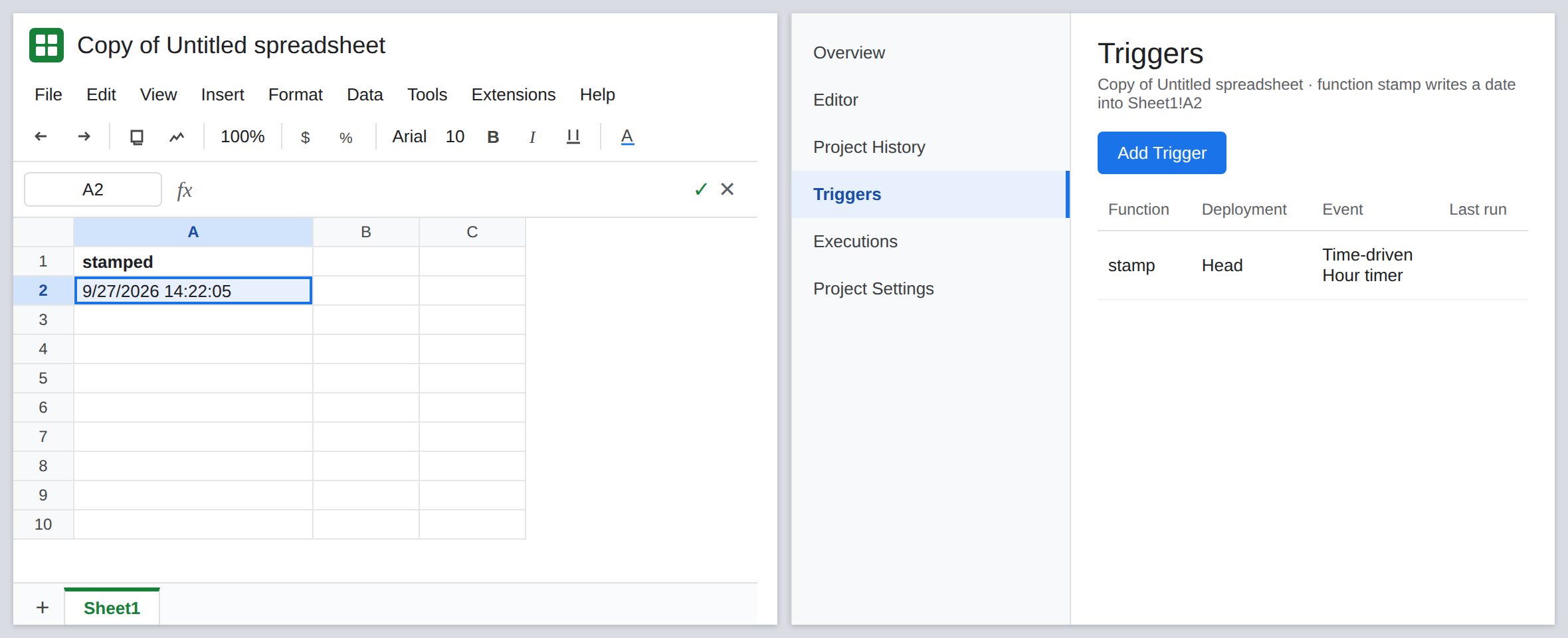 On the copied spreadsheet, Apps Script Triggers shows a new time-driven trigger for stamp. Sheet1 A2 shows a fresh timestamp. The formula bar is empty because A2 is a value the script wrote.