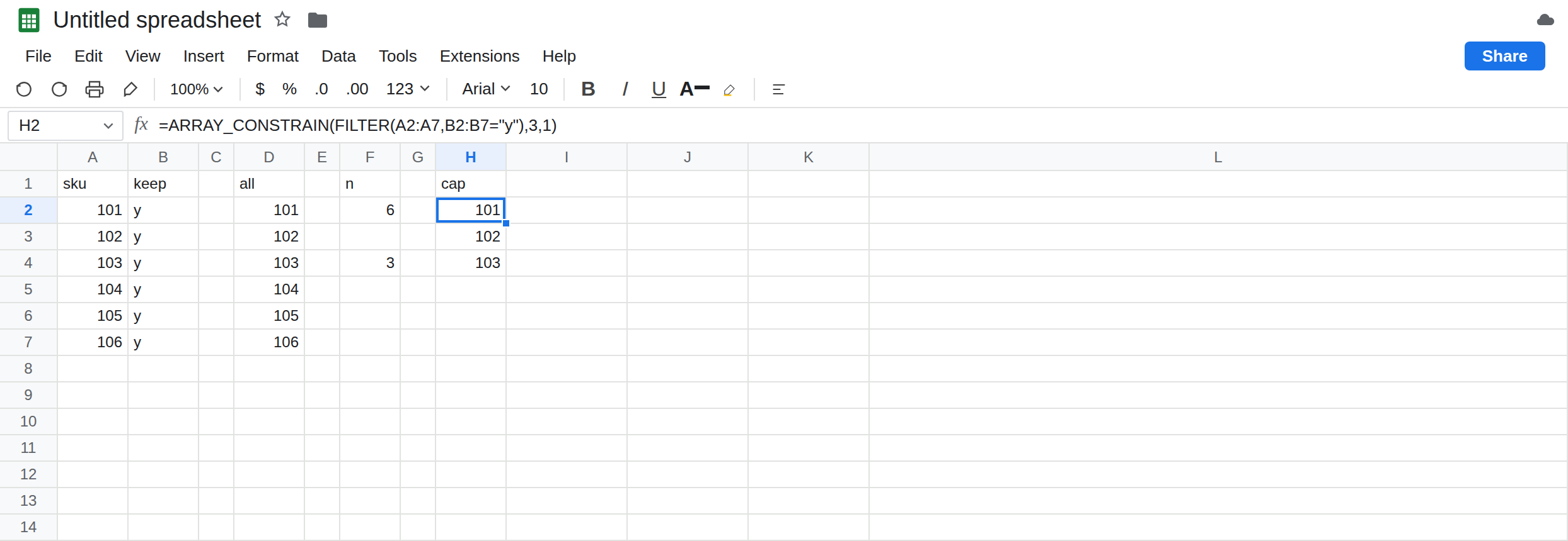 H2 selected. Formula bar shows =ARRAY_CONSTRAIN(FILTER(A2:A7,B2:B7="y"),3,1). H2:H4 is 101, 102, 103. D2:D7 is 101 through 106. F2 is 6. F4 is 3. No error triangle on H2.