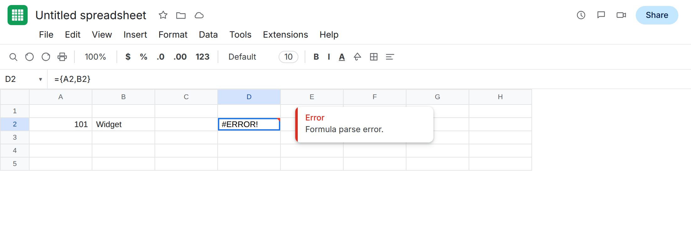 D2 selected. Formula bar shows ={A2,B2}. D2 is #ERROR! with tooltip Formula parse error. A2 is 101. B2 is Widget.