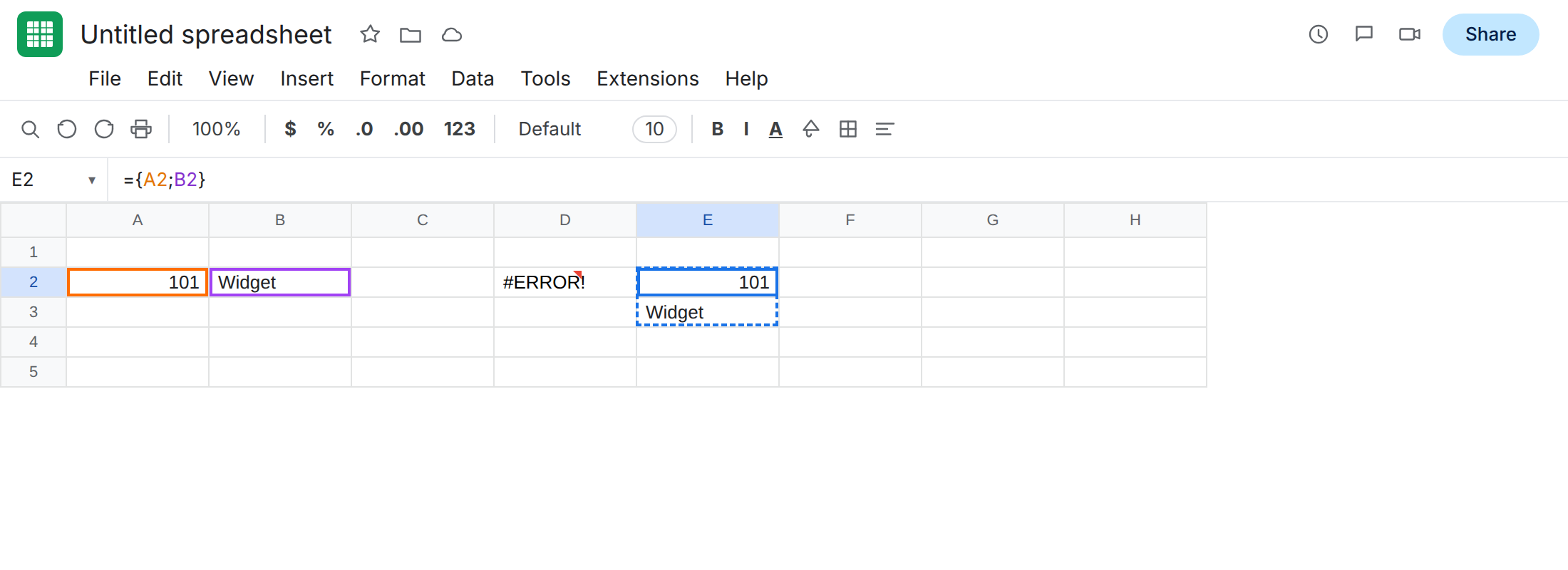 E2 selected. Formula bar shows ={A2;B2}. E2 is 101 and E3 is Widget — a one-column spill. D2 is still #ERROR!.