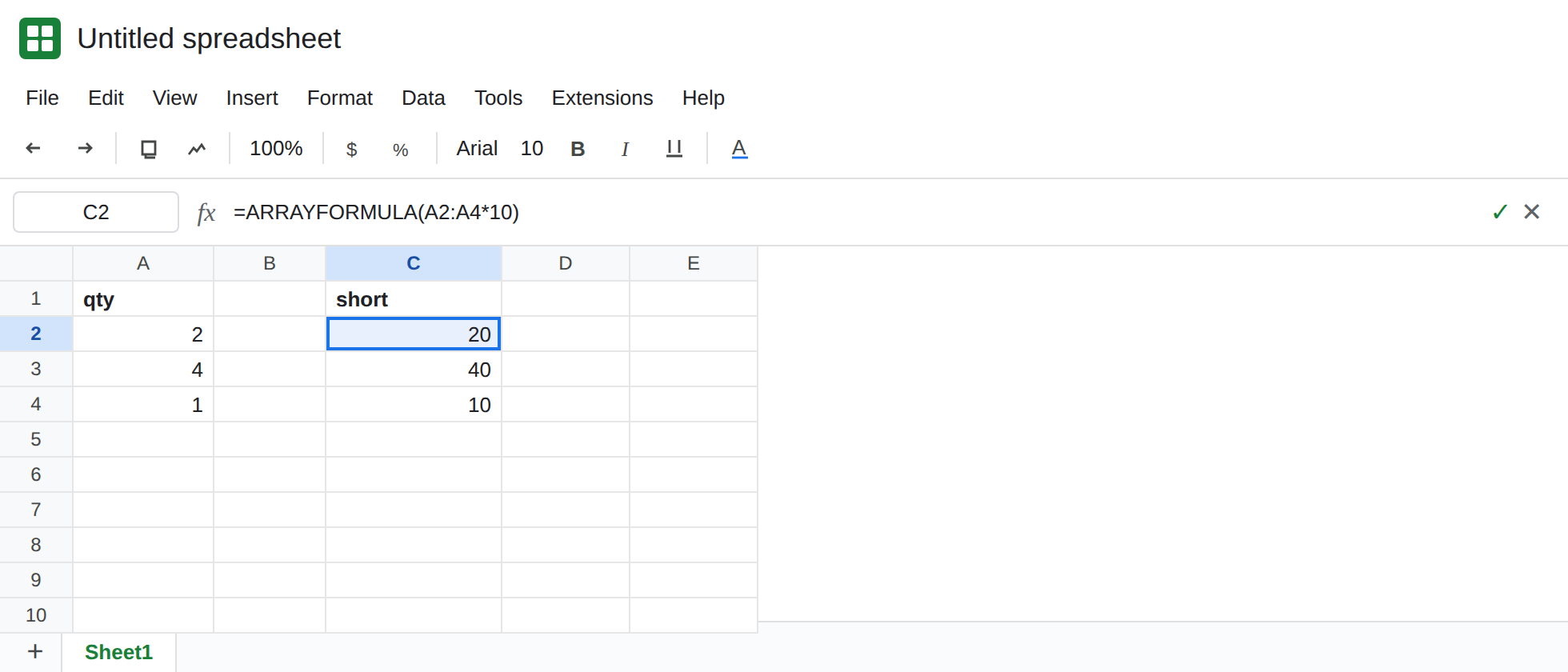 C2 selected. Formula bar shows =ARRAYFORMULA(A2:A4*10). C2:C4 is 20, 40, 10 with no error triangle. A2:A4 is 2, 4, 1.