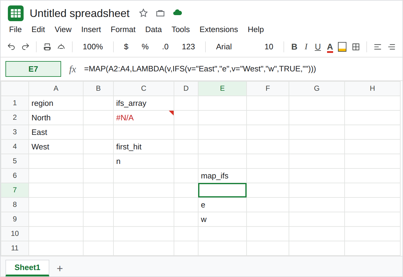 E7 selected. Formula bar shows =MAP(A2:A4,LAMBDA(v,IFS(v="East","e",v="West","w",TRUE,""))). E7:E9 is blank, e, w. C2 is still #N/A.
