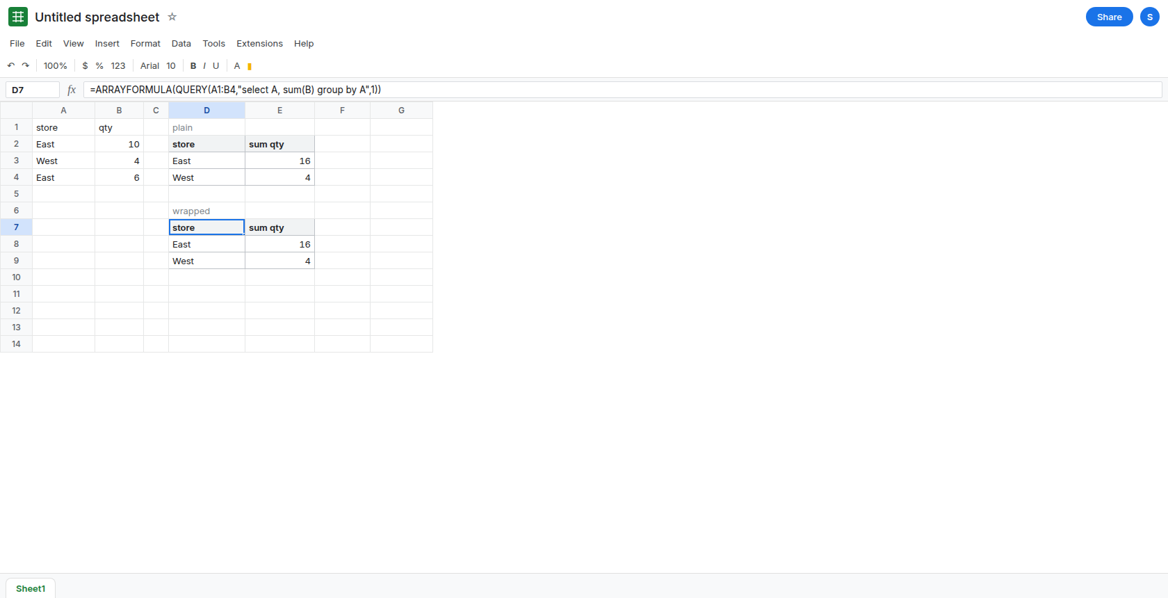 D7 selected. Formula bar shows ARRAYFORMULA around QUERY select A, sum(B) group by A. The spill matches D2: East 16 and West 4. There is no error triangle.