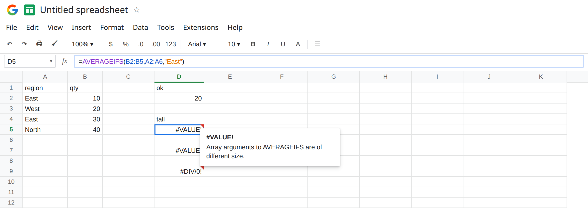 D5 selected. Formula bar shows =AVERAGEIFS(B2:B5,A2:A6,"East"). D5 is #VALUE!. Tooltip: Array arguments to AVERAGEIFS are of different size. D2 is 20. B2:B5 is four rows. A2:A6 is five.