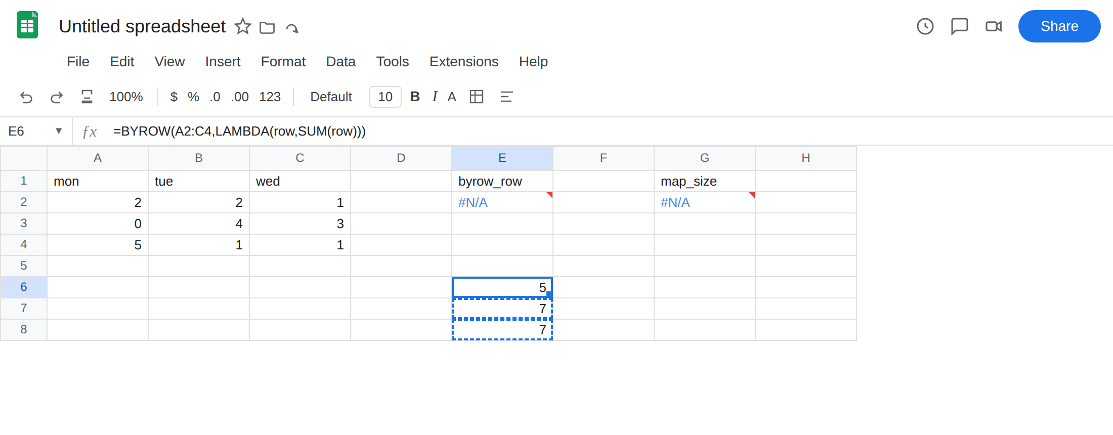 E6 selected. Formula bar shows =BYROW(A2:C4,LAMBDA(row,SUM(row))). E6:E8 is 5, 7, 7 with no error triangle. E2 is still #N/A.