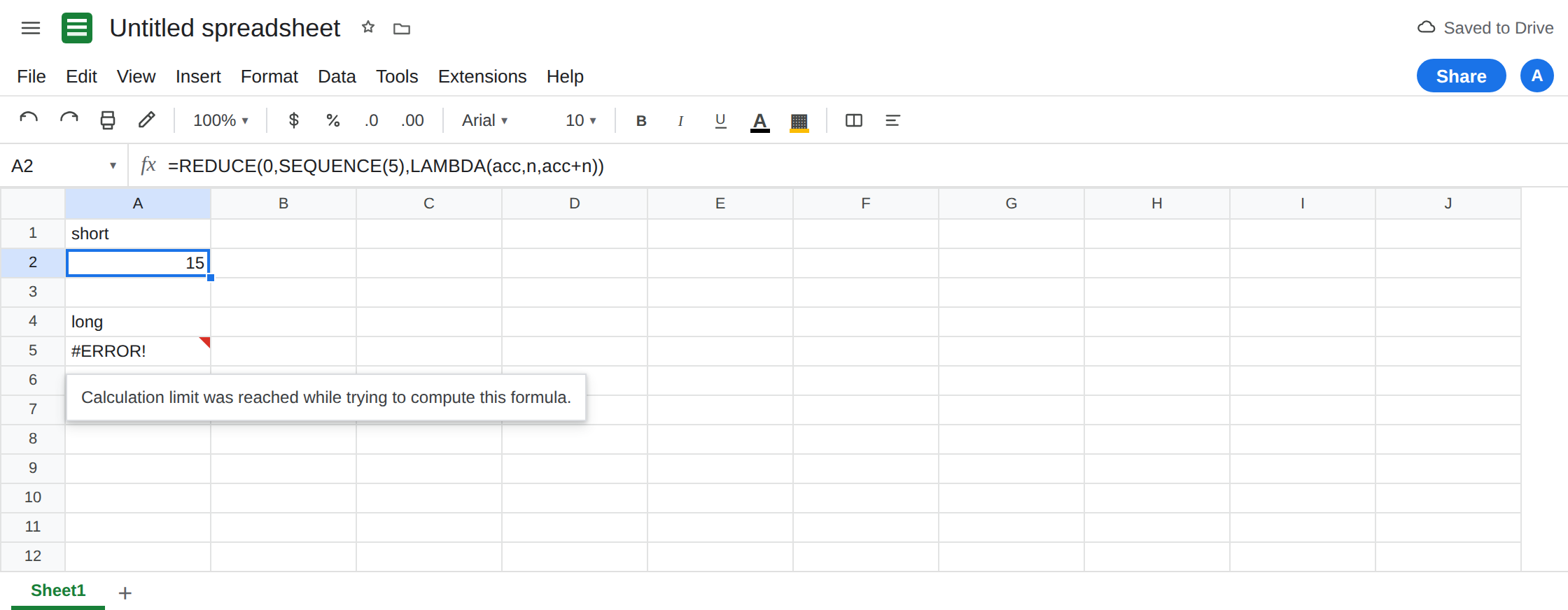 A2 selected. Formula bar shows =REDUCE(0,SEQUENCE(5),LAMBDA(acc,n,acc+n)). A2 is 15 with no error triangle. A5 still shows the calculation limit tooltip.