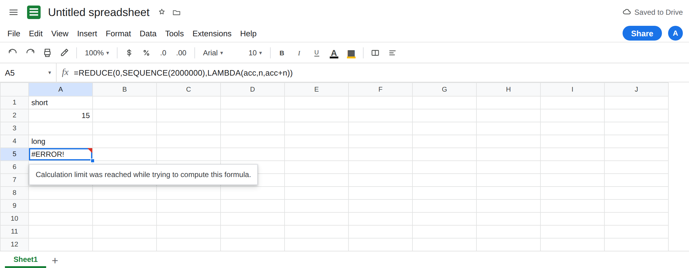 A5 selected. Formula bar shows =REDUCE(0,SEQUENCE(2000000),LAMBDA(acc,n,acc+n)). A5 errors. Tooltip: Calculation limit was reached while trying to compute this formula. A2 is 15 from SEQUENCE(5).