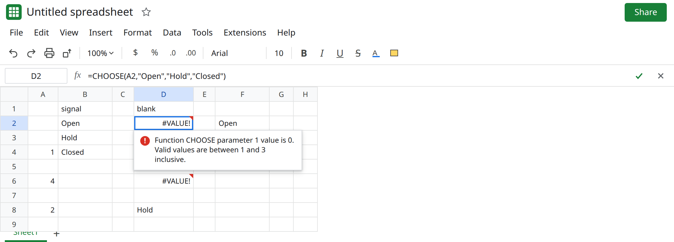 D2 selected. Formula bar shows =CHOOSE(A2,"Open","Hold","Closed"). D2 is #VALUE!. A2 is blank. Tooltip: parameter 1 value is 0. Valid values are between 1 and 3 inclusive. B2 is Open.