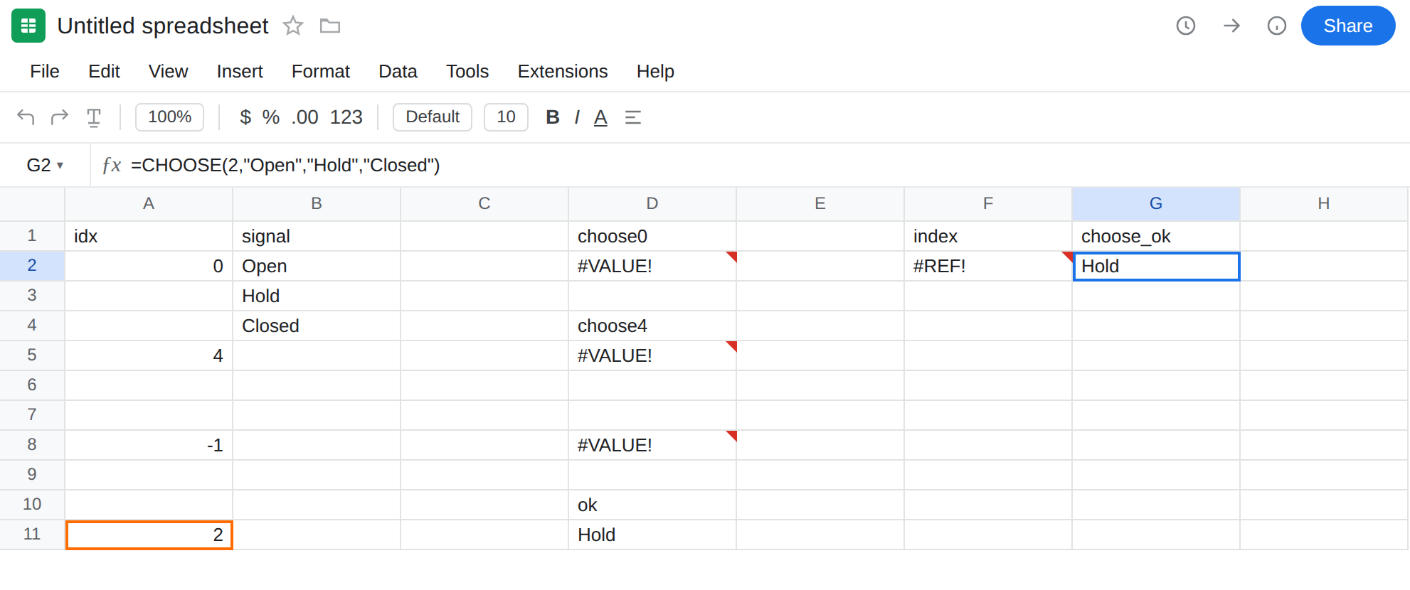 G2 selected. Formula bar shows =CHOOSE(2,"Open","Hold","Closed"). G2 is Hold with no error triangle. D2 is still #VALUE!. D11 is Hold. F2 is still #REF!.