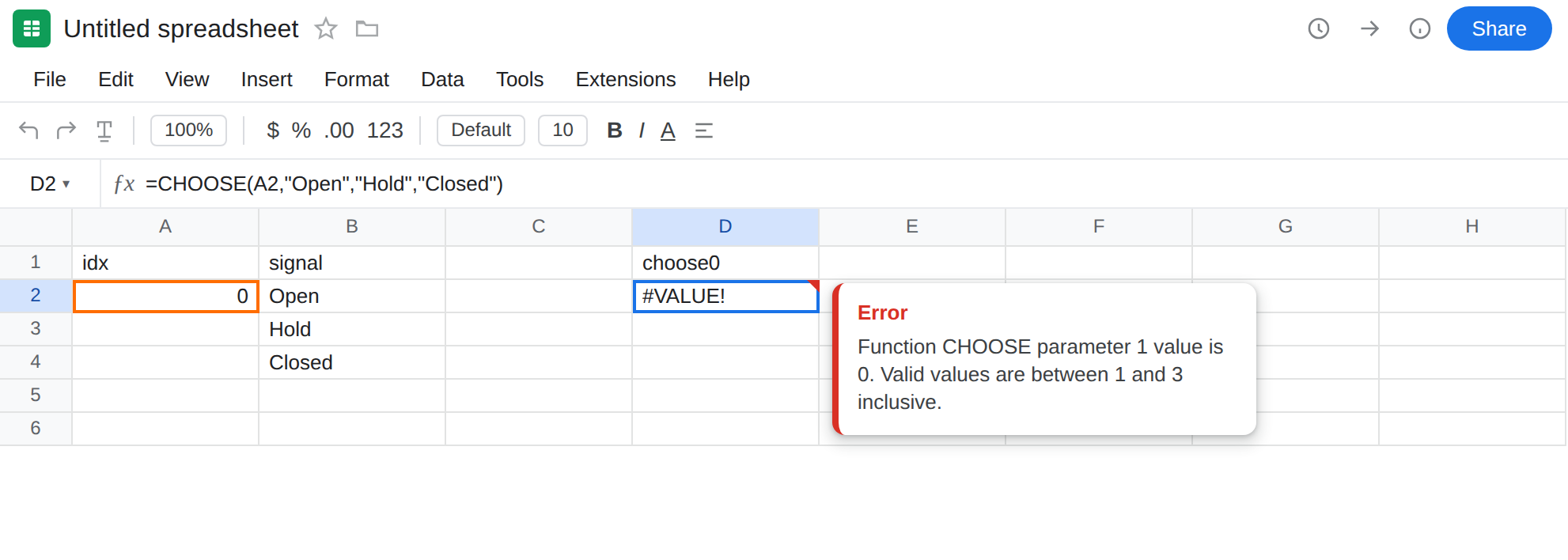 D2 selected. Formula bar shows =CHOOSE(A2,"Open","Hold","Closed"). D2 is #VALUE!. A2 is 0. Tooltip: Function CHOOSE parameter 1 value is 0. Valid values are between 1 and 3 inclusive.