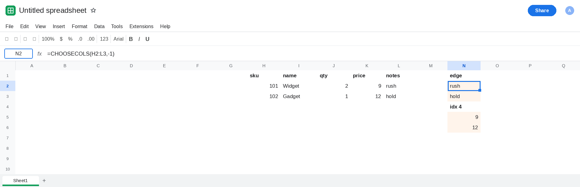 N2 selected. Formula bar shows =CHOOSECOLS(H2:L3,-1). N2:N3 is rush and hold. K2:K3 is 9 and 12. L1 is notes. N5 is 9 from index 4. No error triangle.