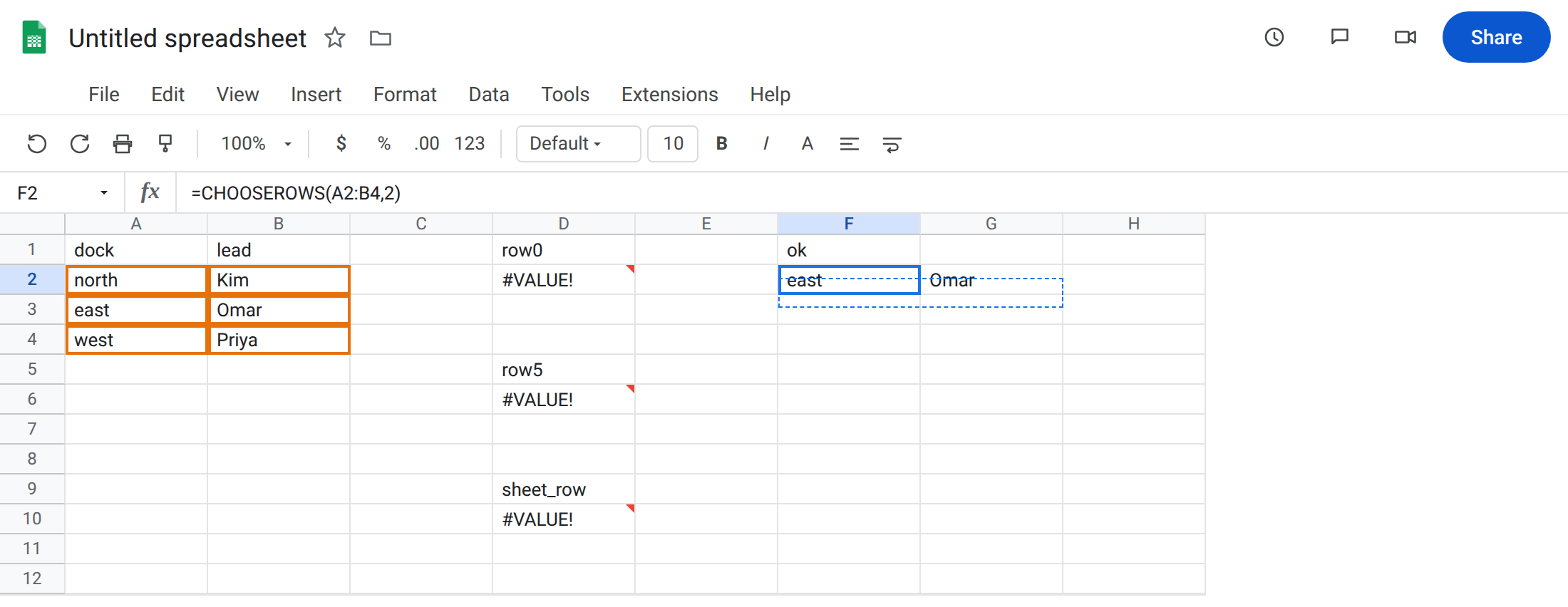 F2 selected. Formula bar shows =CHOOSEROWS(A2:B4,2). Spill is east / Omar with no error triangle. D2 is still an error from index 0. D10 is still an error from sheet row 4.