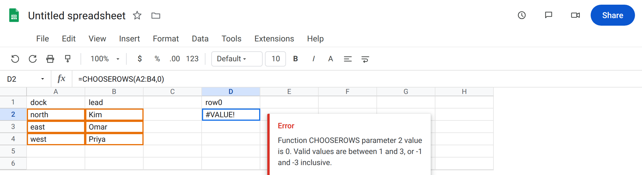 D2 selected. Formula bar shows =CHOOSEROWS(A2:B4,0). D2 is #VALUE!. Tooltip: Function CHOOSEROWS parameter 2 value is 0. Valid values are between 1 and 3, or -1 and -3 inclusive. A2:B4 is three dock rows.