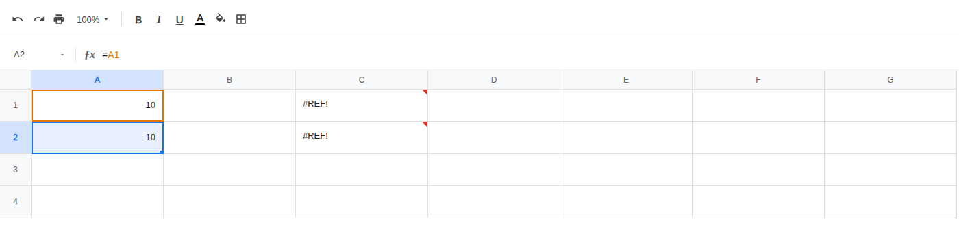A2 selected. Formula bar shows =A1. A2 is 10. C1 and C2 are still #REF!.