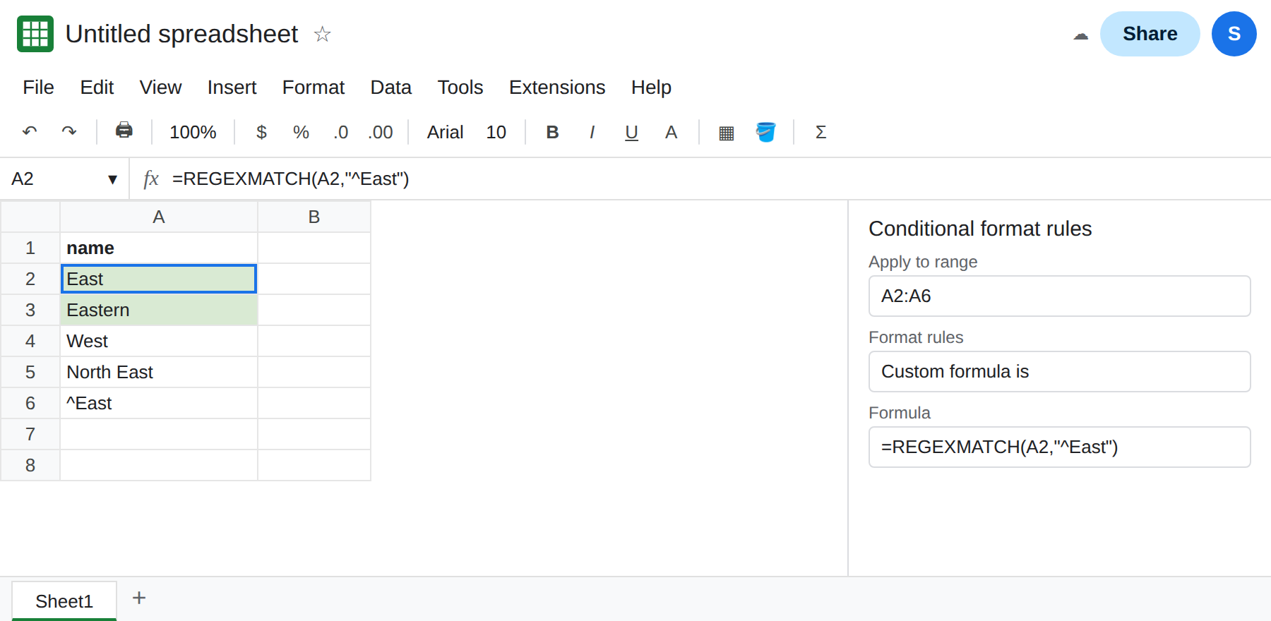 Custom formula =REGEXMATCH(A2,"^East") on A2:A6. East and Eastern are filled. North East, West, and the cell ^East are not.