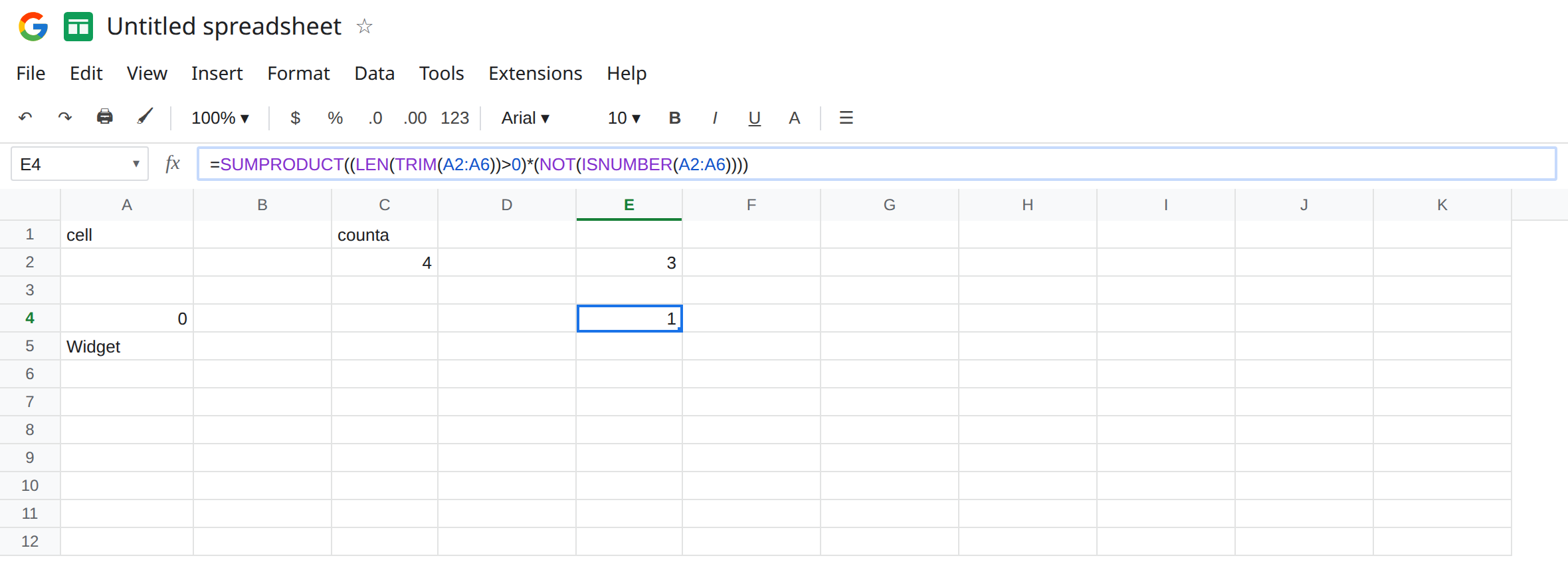 E4 selected. Formula bar shows =SUMPRODUCT((LEN(TRIM(A2:A6))>0)*(NOT(ISNUMBER(A2:A6)))). E4 is 1. C2 is still 4 from COUNTA. A3 is still a formula blank. A4 is 0. A5 is Widget.