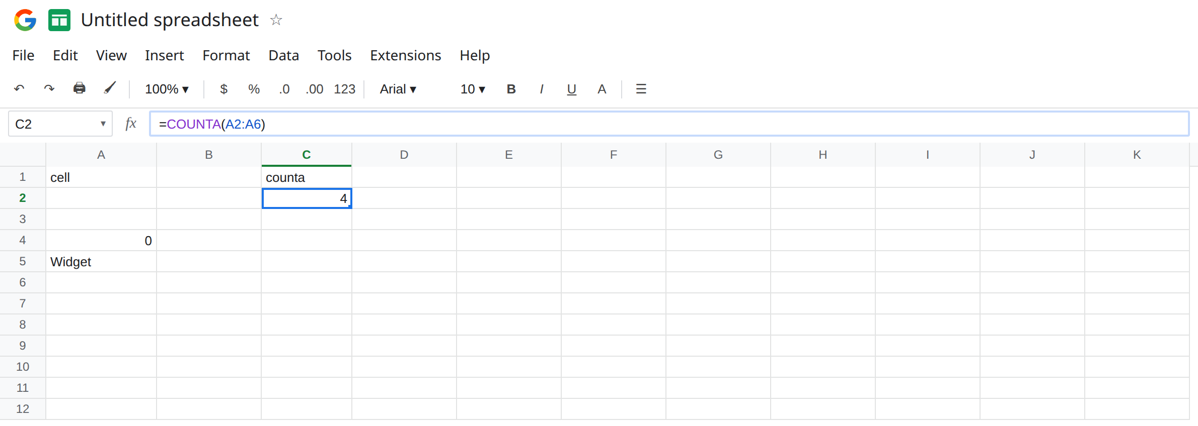 C2 selected. Formula bar shows =COUNTA(A2:A6). C2 is 4. A2 is empty. A3 formula bar is ="" and the cell looks blank. A4 is 0. A5 is Widget. A6 looks blank but holds a space.