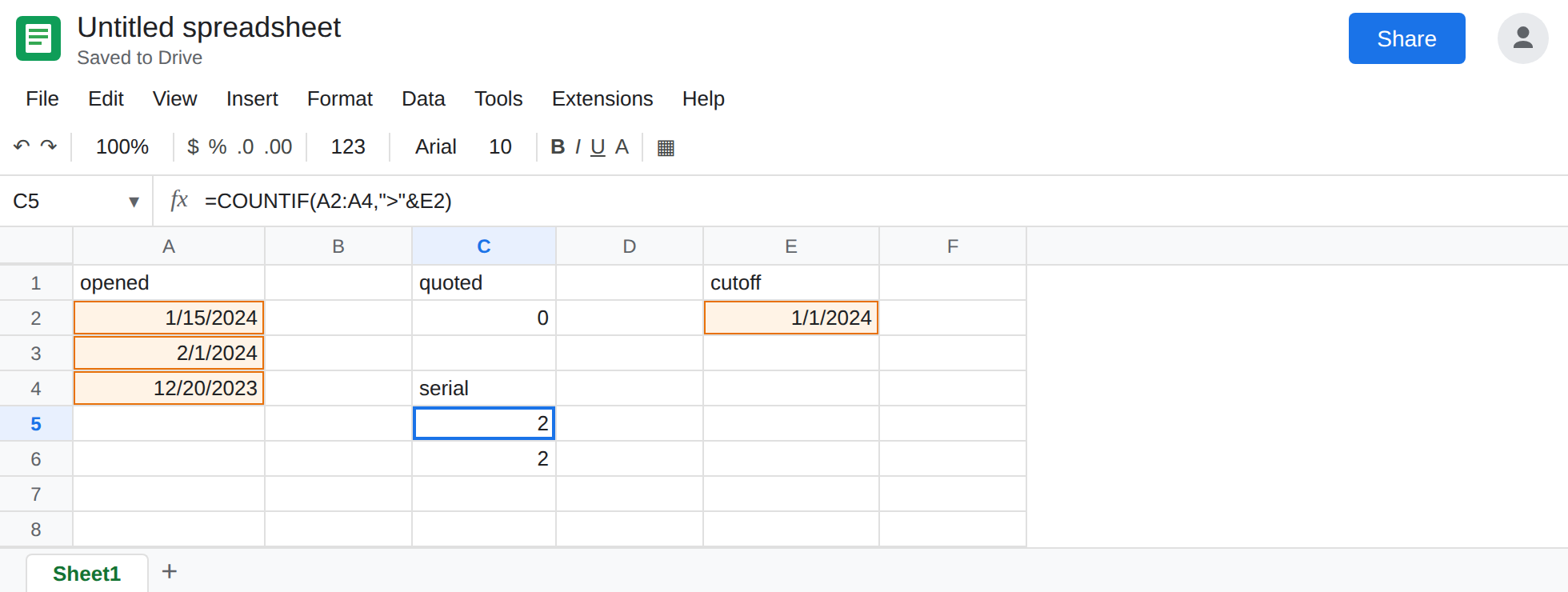 C5 selected. Formula bar shows =COUNTIF(A2:A4,">"&E2). C5 is 2. E2 is the date 2024-01-01. C2 is still 0 from the quoted criterion.
