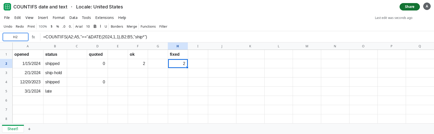 H2 selected. Formula bar shows COUNTIFS with >=&DATE(2024,1,1) on dates and ship* on status. H2 is 2. D2 is still 0 from the quoted date. F2 is 2.