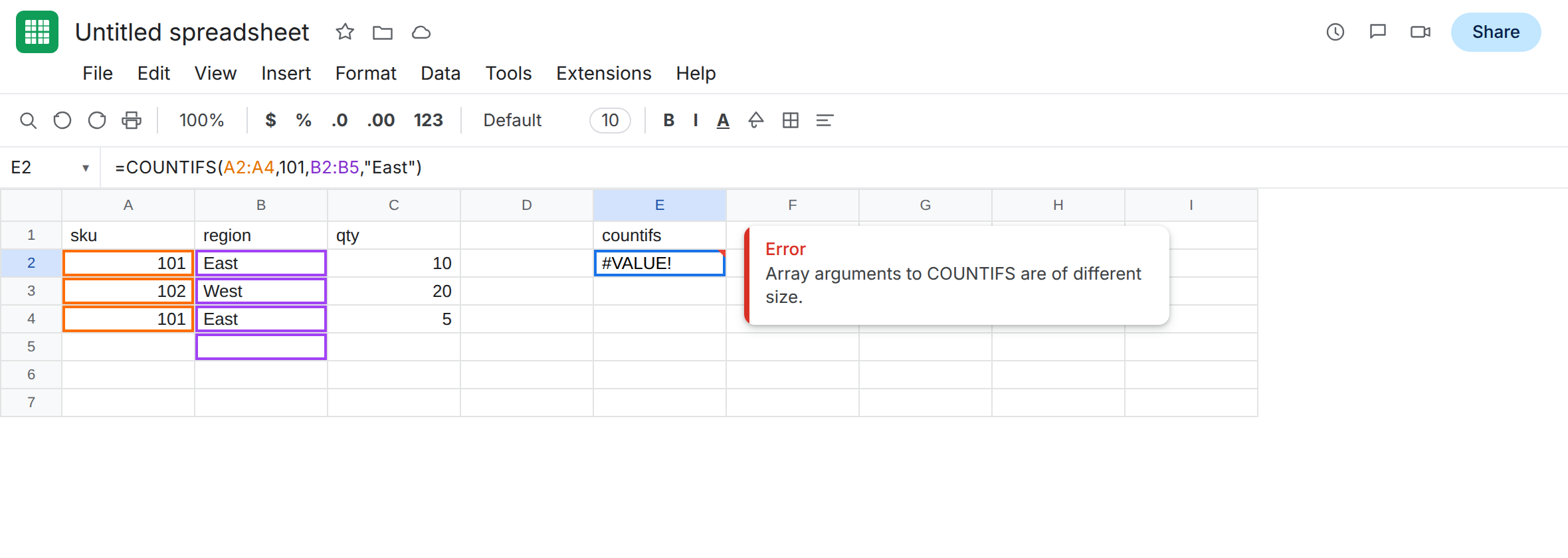 E2 selected. Formula bar shows =COUNTIFS(A2,101,B2,"East"). E2 is #VALUE!. Tooltip: Array arguments to COUNTIFS are of different size. A2 is three rows. B2 is four.