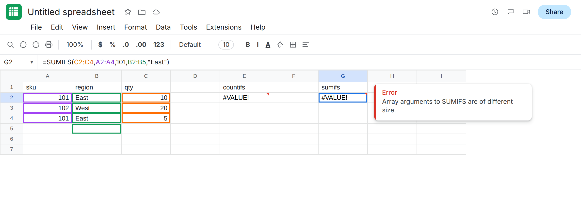 G2 selected. Formula bar shows =SUMIFS(C2,A2,101,B2,"East"). G2 is #VALUE!. Tooltip: Array arguments to SUMIFS are of different size. E2 is still #VALUE!.
