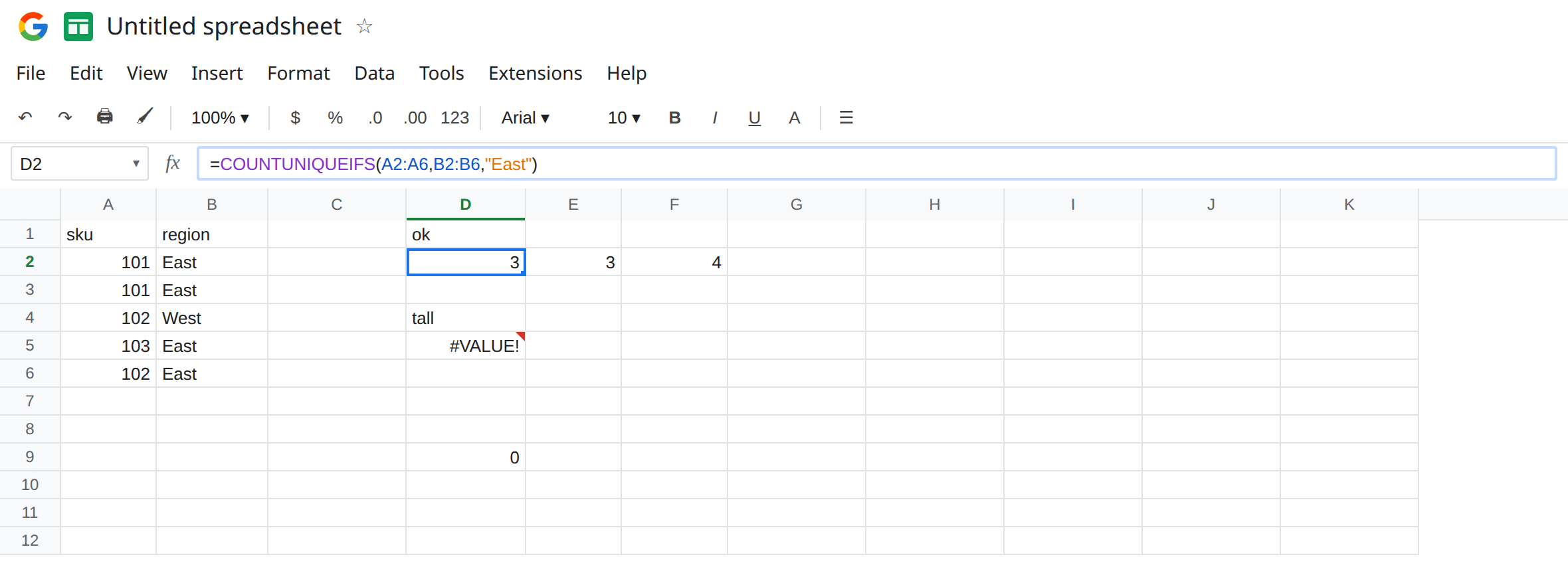 D2 selected. Formula bar shows =COUNTUNIQUEIFS(A2:A6,B2:B6,"East"). D2 is 3 with no error triangle. D5 is still #VALUE!. D9 is 0 for North. F2 is 4 from COUNTIFS.