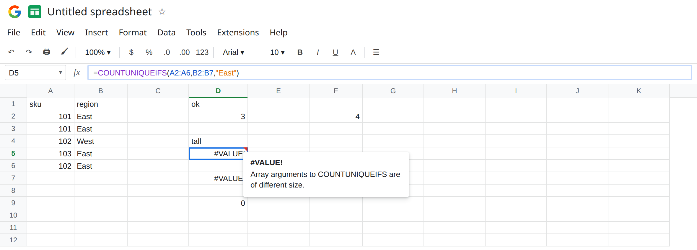 D5 selected. Formula bar shows =COUNTUNIQUEIFS(A2:A6,B2:B7,"East"). D5 is #VALUE!. Tooltip: Array arguments to COUNTUNIQUEIFS are of different size. D2 is 3. A2:A6 is five rows. B2:B7 is six.
