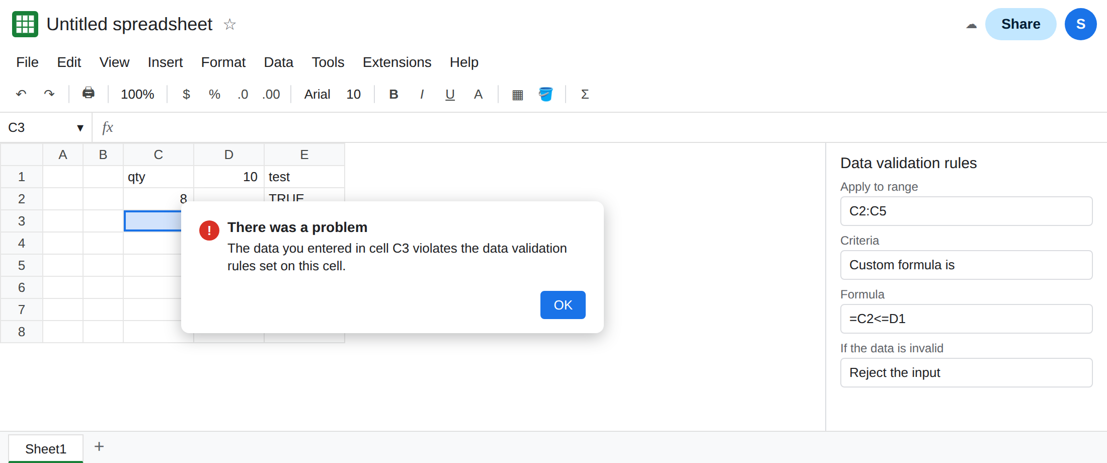C3 selected after typing 8. A dialog says the data violates the data validation rules. D1 is 10. D2 is blank. C2 contains 8. The custom formula is =C2<=D1 on the range C2:C5.
