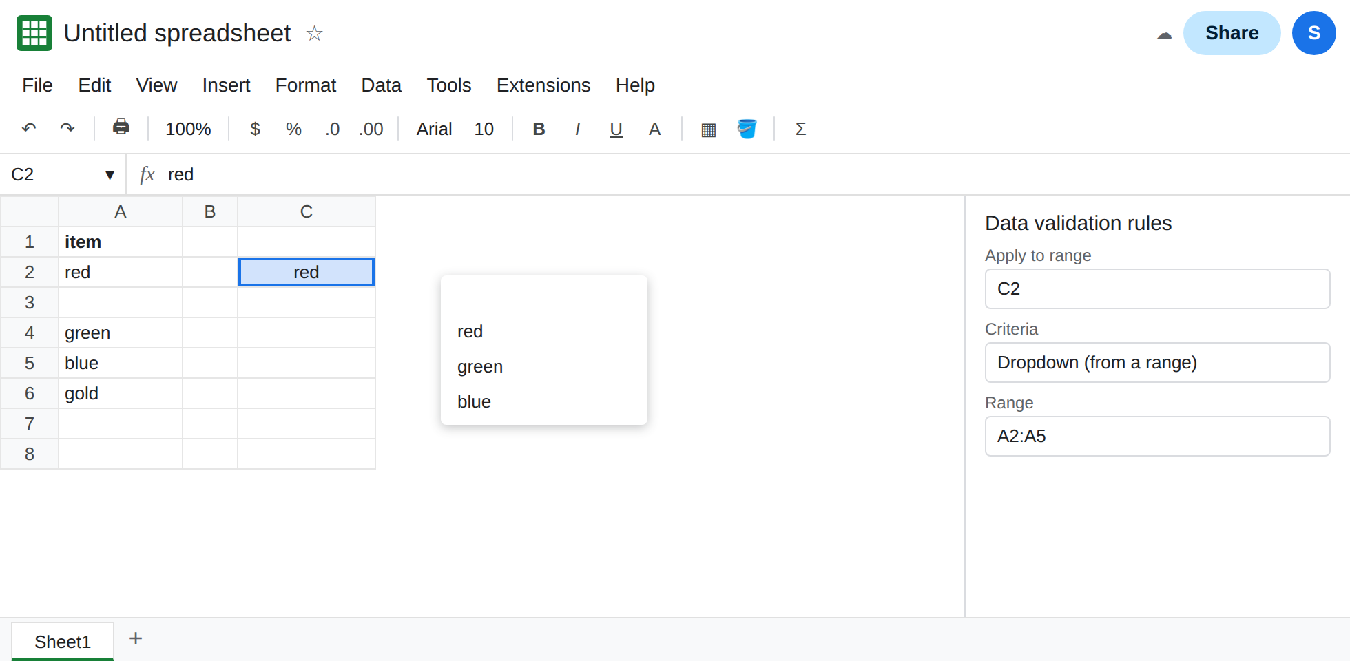 Dropdown on C2 is open. A blank row sits between red and green. The menu shows an empty choice plus red, green, and blue. The validation range includes the new blank row.