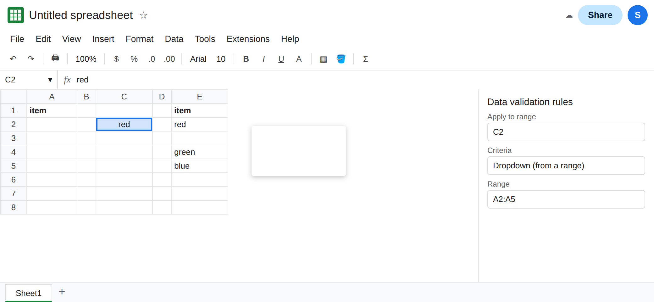 The colors sit in column E. Column A is empty. The dropdown on C2 shows blanks. The data validation range still refers to column A.