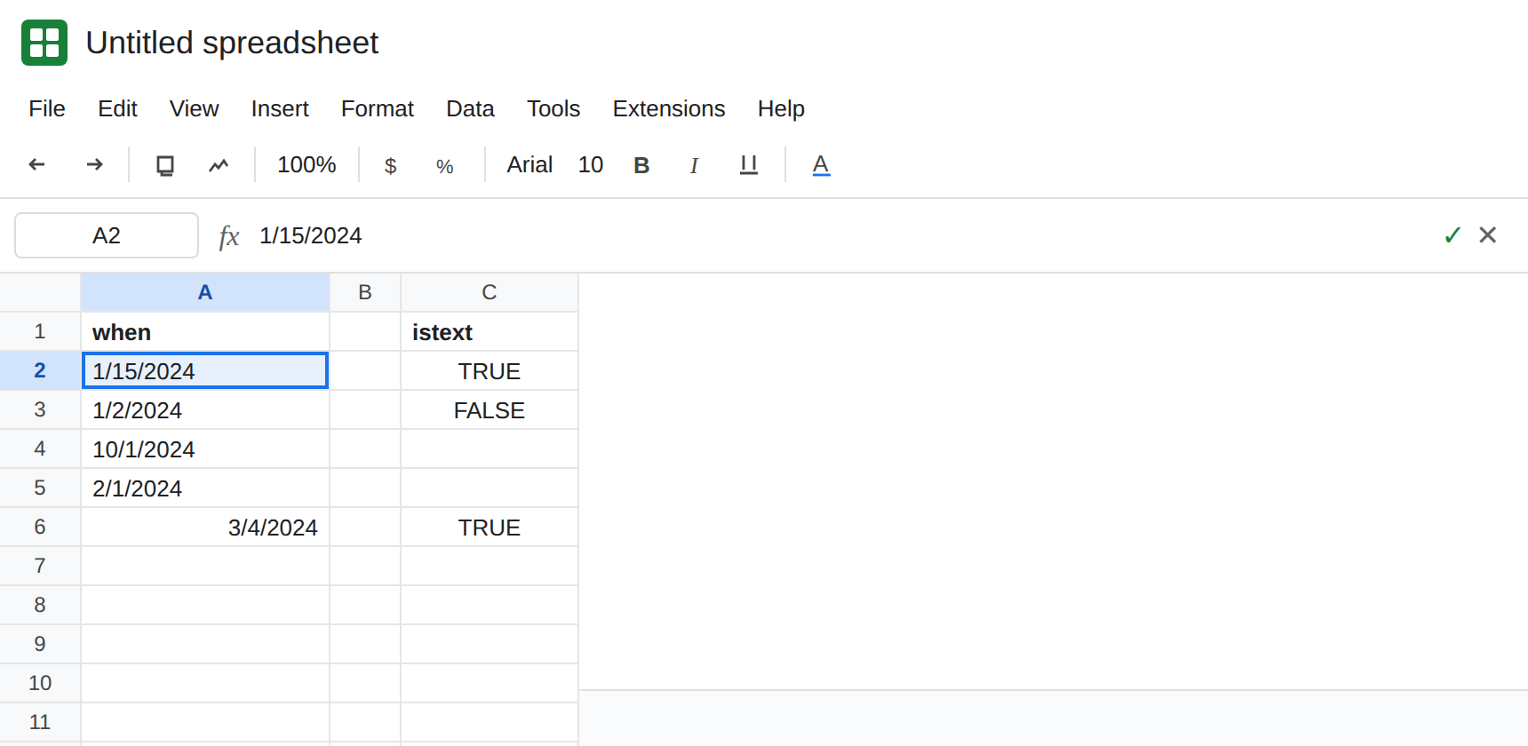 Column A after an A-to-Z sort of text dates. 1/15/2024 is above 1/2/2024, and 10/1/2024 is above 2/1/2024. C2 is TRUE from ISTEXT. C3 is FALSE from ISDATE. A6 is a real date.