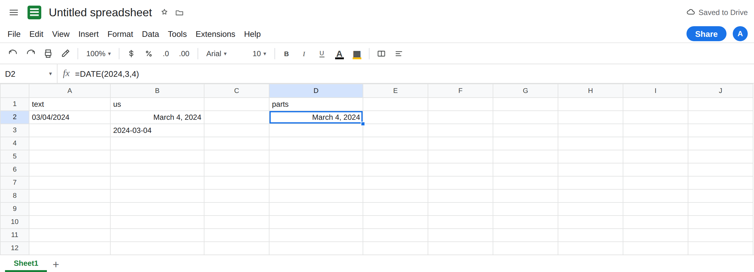 D2 selected. Formula bar shows =DATE(2024,3,4). D2 is March 4, 2024 with no error triangle. B2 still follows the spreadsheet locale for text 03/04/2024.