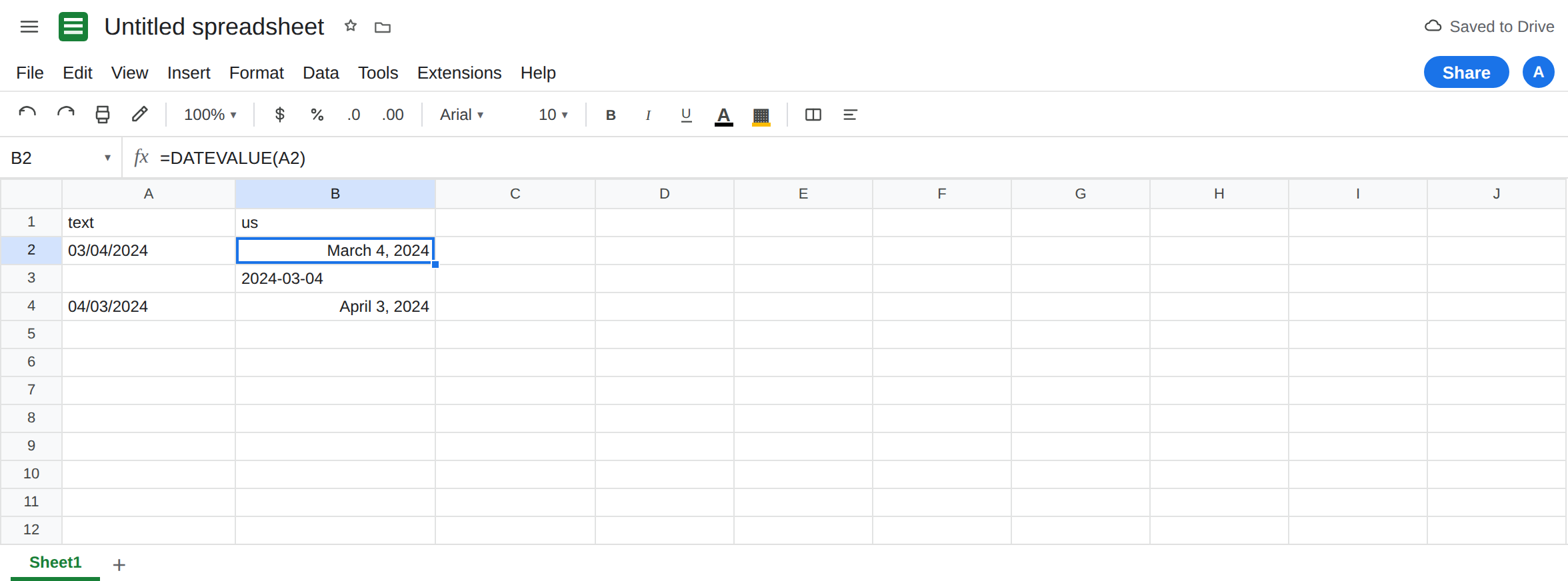 B2 selected. Formula bar shows =DATEVALUE(A2). B2 is March 4, 2024 with no error triangle. A2 is text 03/04/2024. B3 is 2024-03-04. Locale United States.