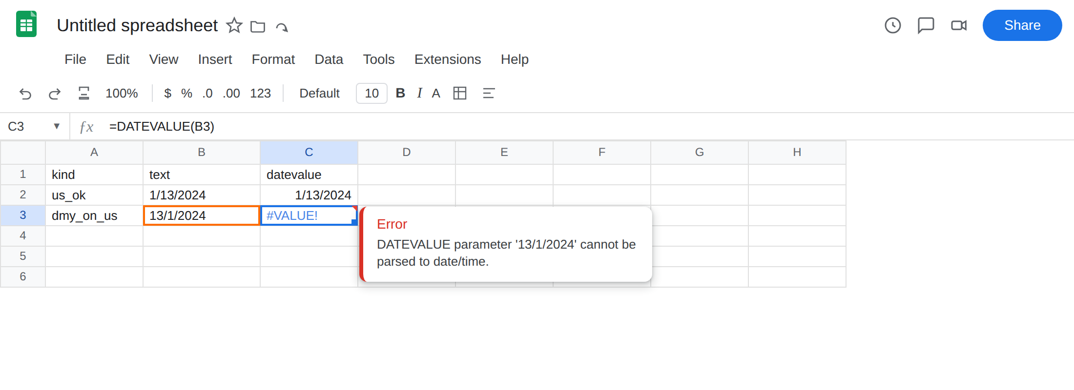 C3 selected. Formula bar shows =DATEVALUE(B3). C3 is #VALUE!. Tooltip: DATEVALUE parameter '13/1/2024' cannot be parsed to date/time. B3 is text 13/1/2024. C2 is still a date 1/13/2024.