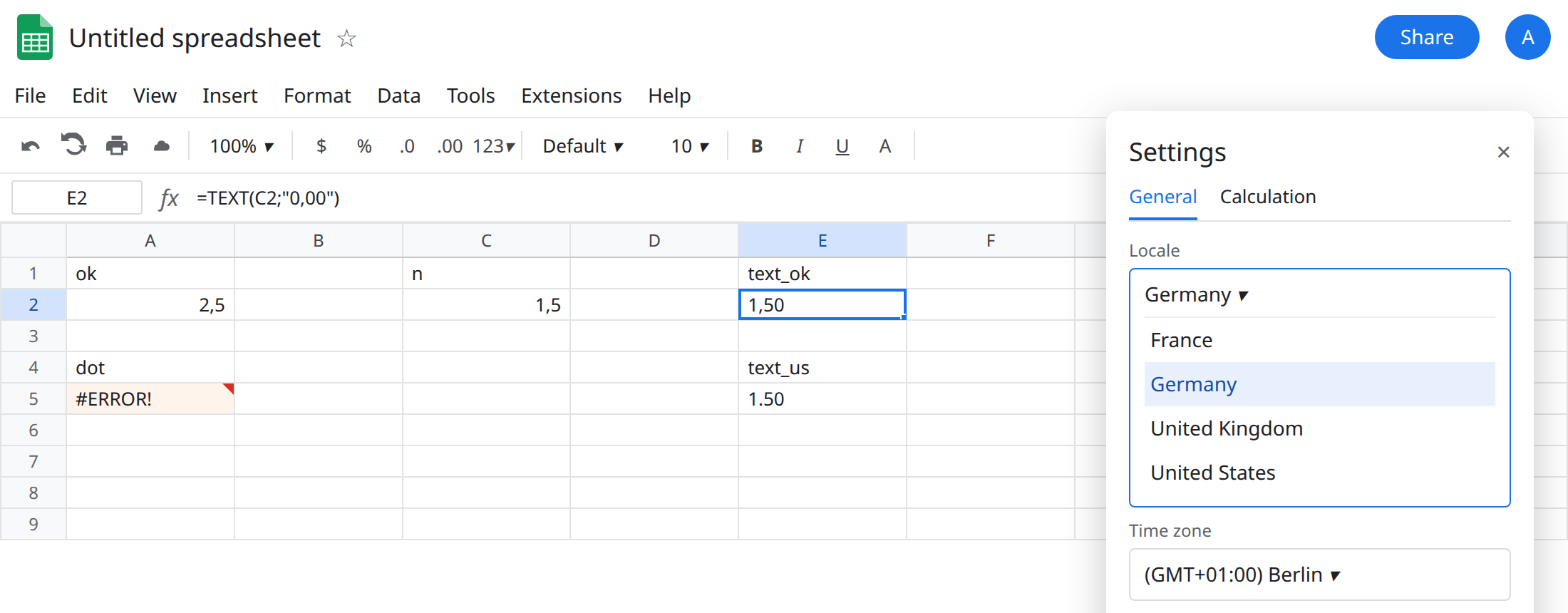E2 selected. Formula bar shows =TEXT(C2;"0,00") with a semicolon and a comma decimal in the pattern. E2 is 1,50. A5 is still #ERROR!. E5 is still the US pattern.
