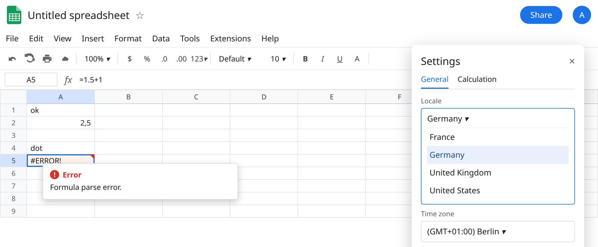A5 selected. Formula bar shows =1.5+1. A5 is #ERROR!. Tooltip: Formula parse error. A2 is 2,5 from =1,5+1. Locale is Germany.