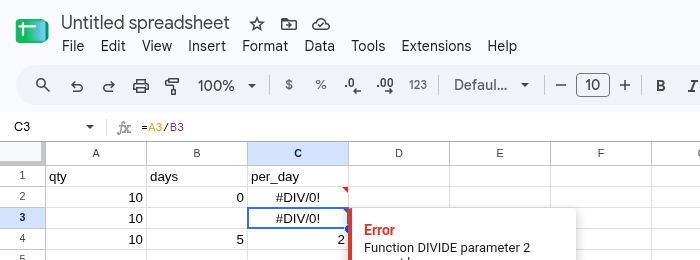 C3 selected. Formula bar shows =A3/B3. C3 is #DIV/0! because B3 is blank. C2 is still #DIV/0!. C4 is 2.
