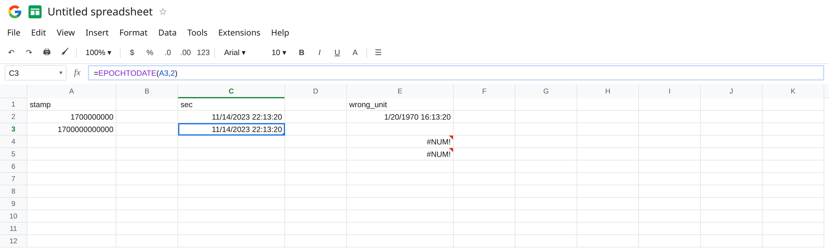 C3 selected. Formula bar shows =EPOCHTODATE(A3,2). C3 is 11/14/2023 22:13:20 with no error triangle. E4 is still #NUM! from EPOCHTODATE(A3) with the default seconds unit. E2 is still 1/20/1970.